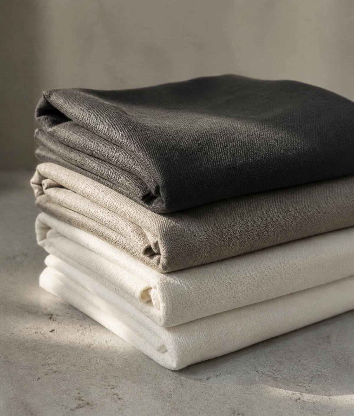 Stack of neatly folded premium fabrics in charcoal, beige and off-white