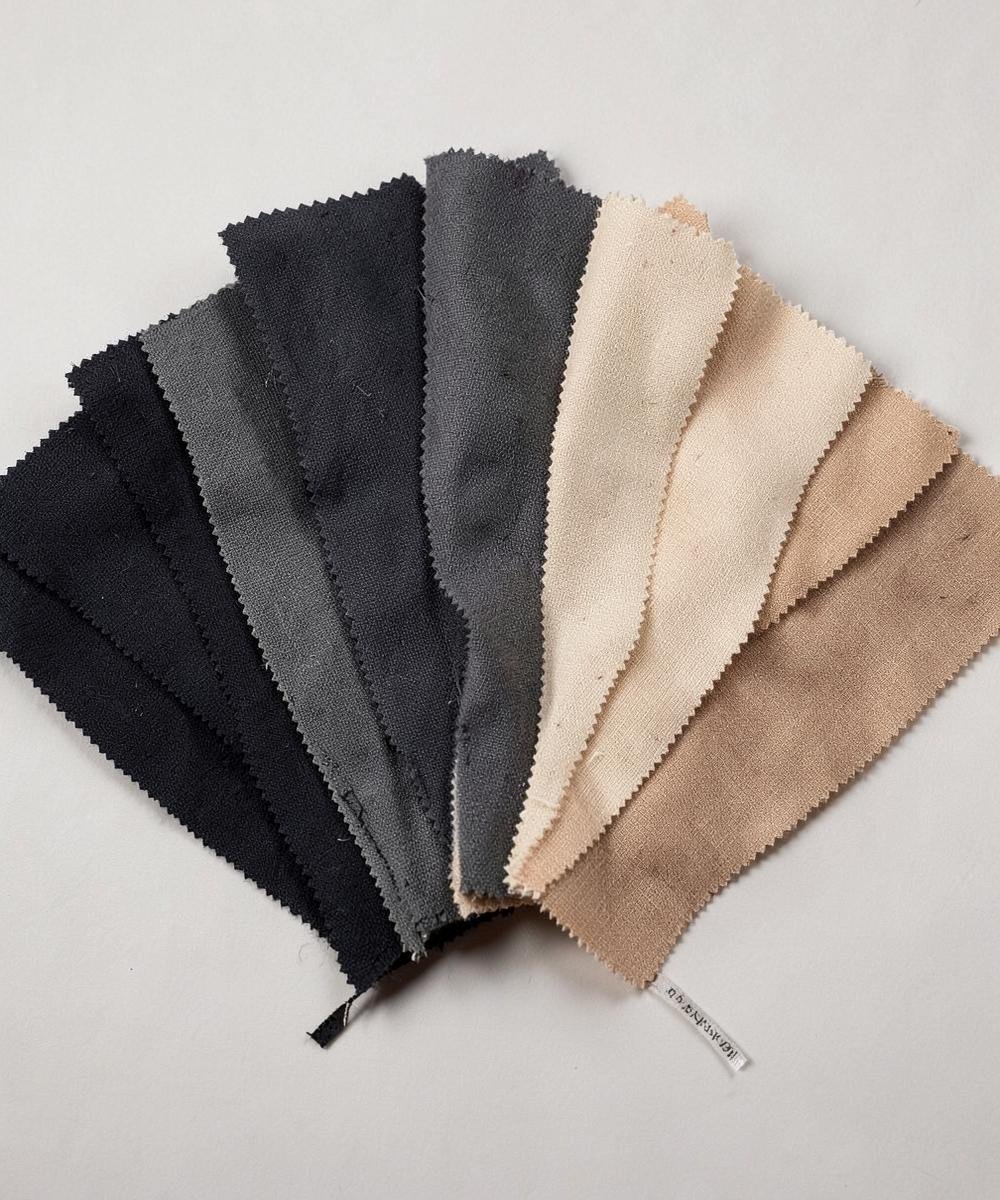 Fabric swatches fanned out in charcoal and beige tones
