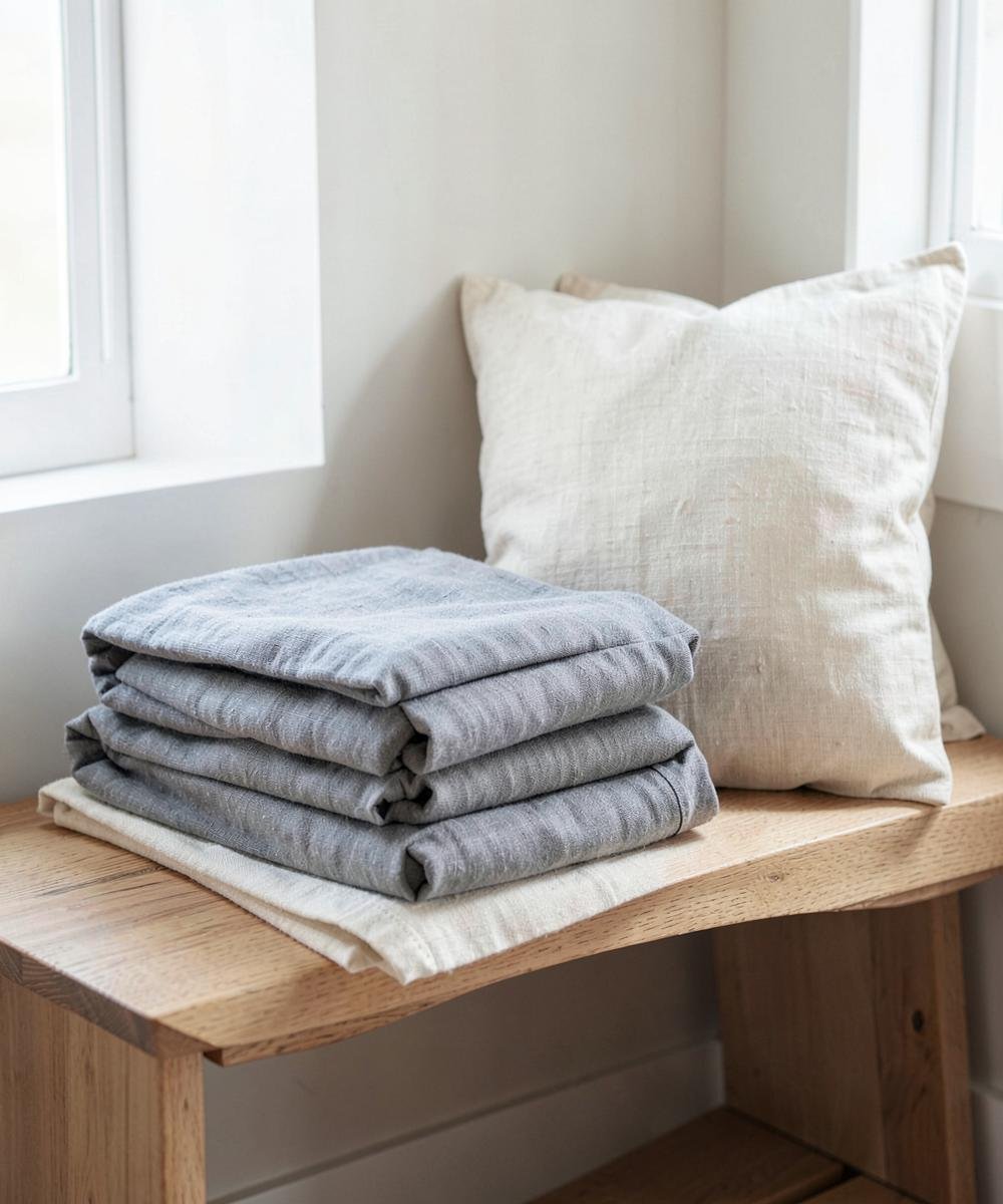 Folded grey and off-white home textiles on a wooden bench