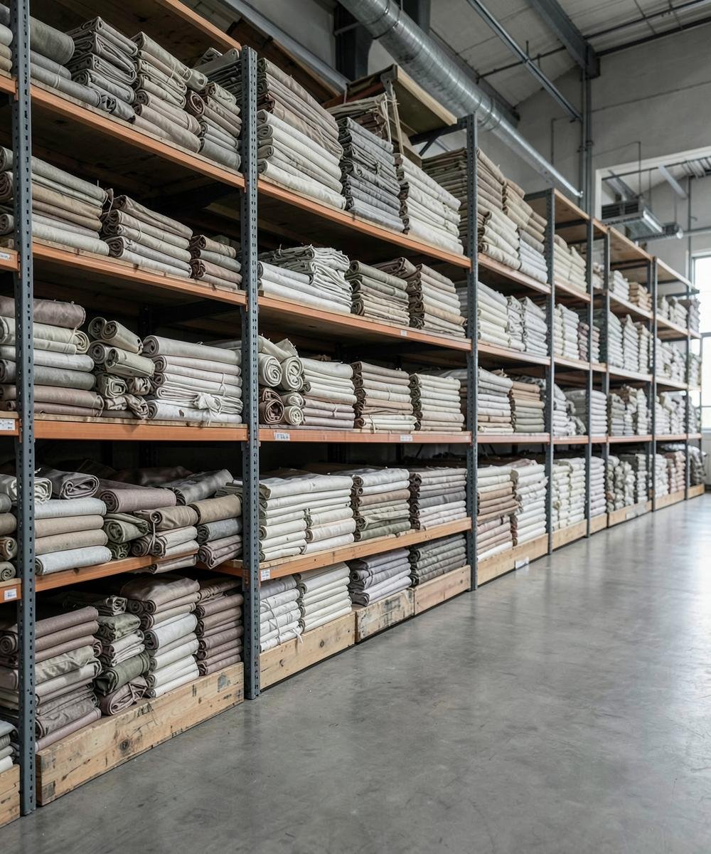 Warehouse shelving stacked with neutral fabric bolts